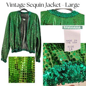 Vintage Green Sequin Bomber Jacket - Large, 1980s, Halloween, Dance
